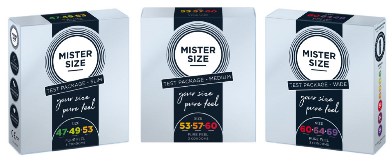 Trzy różne opakowania testowe prezerwatyw Mister Size