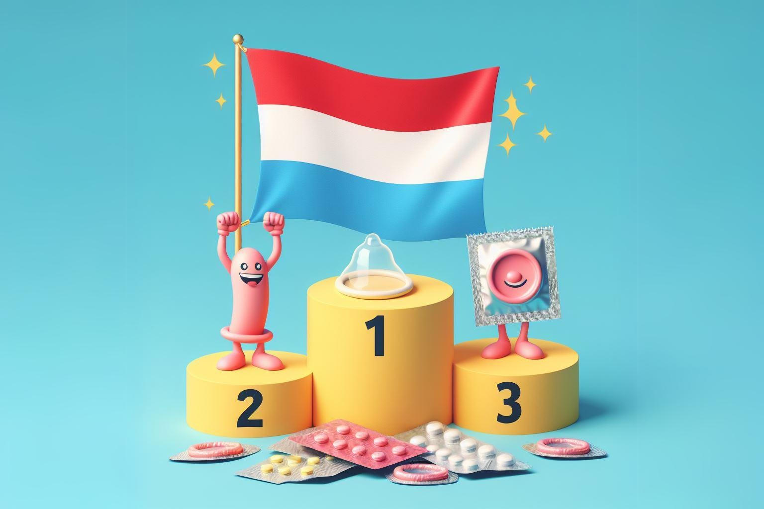 Flaga Luksemburga jako numer 1 na podium zwycięzców w temacie antykoncepcji